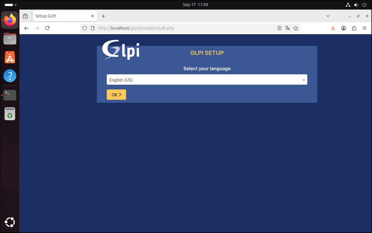 GLPI kurulum sihirbazı dil seçimi ekranı
