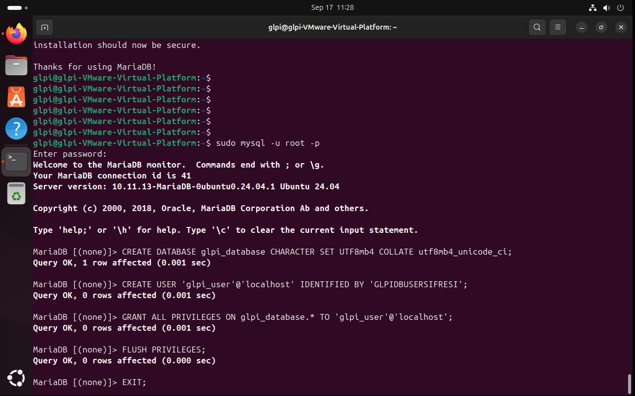 GLPI için veritabanı ve kullanıcı oluşturma